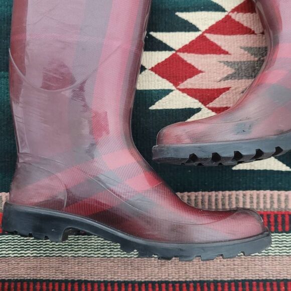 Burberry Burgundy Red Check Rubber Rain Boots Sz 37 US 7 Knee High Designer - Picture 6 of 6